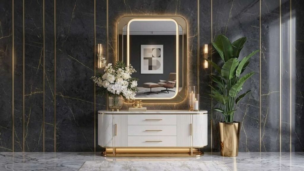 Gold Framed Rectangular LED Mirror | Luxury Bathroom Design Inspiration