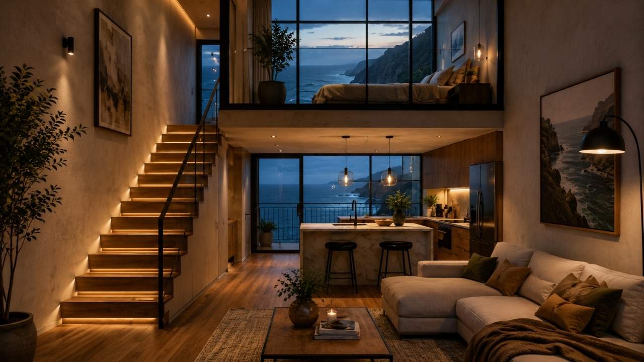 Cozy Modern Loft | Mezzanine Bedroom with Glass Walls, Stylish Interior & Inviting Space
