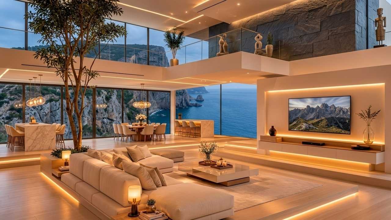 Warm Neutral Luxury Open-Plan Living Room Design with Elegant Modern Interiors and Timeless Sophisticated Style